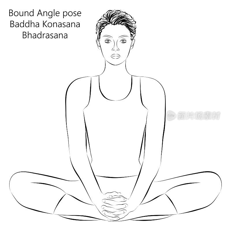 年轻女子练习瑜伽的素描，做蝴蝶或束缚角姿势。Baddha Konasana或Bhadrasana。坐姿，保持中立。初学者。矢量插图隔离在透明的背景。